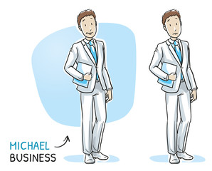 Wall Mural - Young man in business suit holding a book or files in two emotions happy and surprised. Hand drawn cartoon sketch vector illustration, whiteboard marker style coloring.