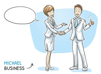 Wall Mural -  Happy young man in business clothes showing thumb up and shaking hands with a business woman. Hand drawn cartoon sketch vector illustration, whiteboard marker style coloring. 