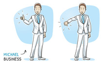  Happy And Angry Young Man In Business Suit Showing Thumb Up And Down. Hand Drawn Cartoon Sketch Vector Illustration, Whiteboard Marker Style Coloring. 