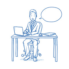 Wall Mural - Happy business man, employee at his desk with laptop, tablet looking confident and talking with speech bubble.  Hand drawn line art cartoon vector illustration