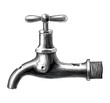 Vintage water tap hand drawing engraving illustration black and white clip art isolated on white background