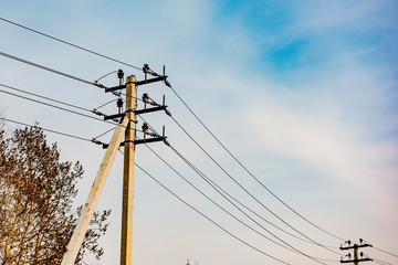 wires on a power line on a pole with insulators against a clear sky