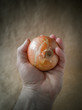 The onions on the paper. Spring beriberi.Selective focus. Bow in hand