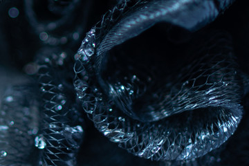 Background and backsplash of wet net with moist crystal water drops stuck between strings - abstract structure, technology, design macro twists