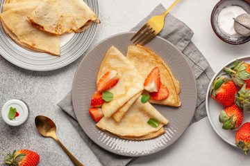 Wall Mural - French Crepe with Berries for Chandeleur. Top view. Copy space. Flat lay