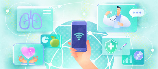 Online medical consultation design concept. User video calling a doctor and connecting medical services via smartphone, global network, and wi-fi. Healthcare and technology vector illustration.