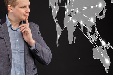 Leinwandbilder - Business connection concept on a world map with connections and a man.