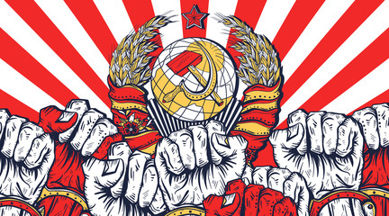 Revolution print background. Communism art. USSR. Coat of arms of Soviet Union, ray of light and many fist raised in air. Symbol of protest, demonstrations, rallies. Fight for rights. Propaganda style