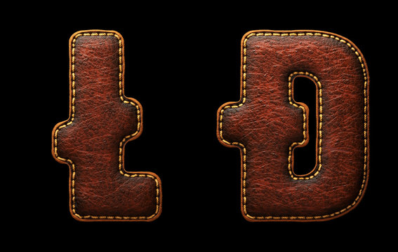 Set of symbols litecoin and dashcoin made of leather. 3D render font with skin texture isolated on black background.