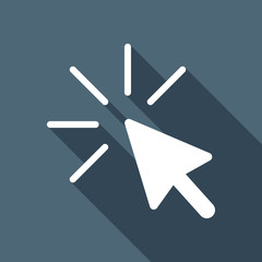 Poster - Computer pointer, cursor or mouse arrow, click. White flat icon with long shadow on blue background