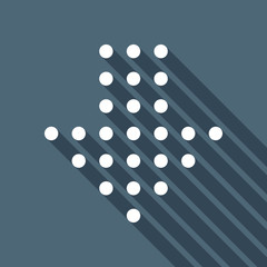 Poster - Dot arrow cursor, down direction, download. White flat icon with long shadow on blue background