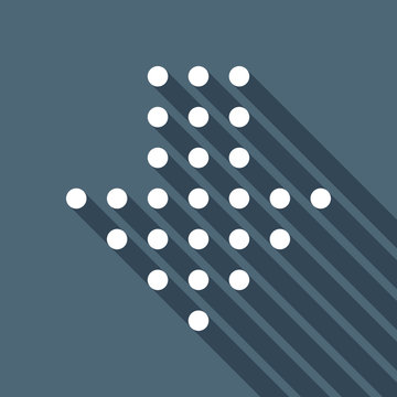 Dot arrow cursor, down direction, download. White flat icon with long shadow on blue background