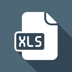 Poster - Computer file, xls symbol. White flat icon with long shadow on blue background