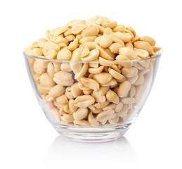 Wall Mural - Roasted salted peanuts in glass bowl isolated on a white background