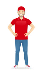 Wall Mural - Handsome delivery man in red uniform standing full lenght isolated vector illustration