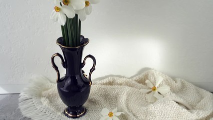 Poster - Still life with white daffodils. Spring flowers in vase