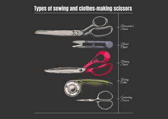 Sticker - Types of sewing and clothes-making scissors.