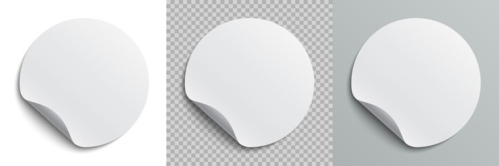 Poster - Set circle adhesive symbols. White tags, paper round stickers with peeling corner and shadow, isolated rounded plastic mockup,  realistic set round paper adhesive sticker mockup with curved corner