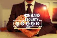 Conceptual Hand Writing Showing Homeland Security. Concept Meaning Federal Agency Designed To Protect The USA Against Threats