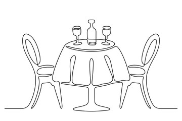 Continuous line drawing. Table with chairs. Bottle and two wine glasses. Black isolated on white background. Hand drawn  vector illustration. 