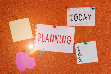 Poster - Word writing text Planning. Business photo showcasing process of thinking about the activities required to achieve a goal Corkboard color size paper pin thumbtack tack sheet billboard notice board