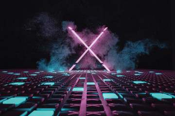 Fototapete - 3d rendering of magenta lighten X shape on glossy tiles floor and surrounded by smoke