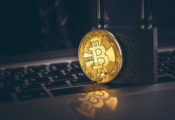 Bitcoin(BTC) coin with padlock on computer background.