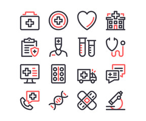 Poster - Medical line icons set. Healthcare, medicine, health and medical care concepts. Modern outline symbols. Simple thin stroke design linear graphic elements. Red and black colors. Vector line icons
