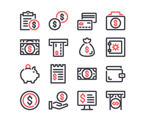 Poster - Money line icons set. Finance, business, currency, financial concepts. Modern outline symbols. Simple thin stroke design linear graphic elements. Red and black colors. Vector line icons