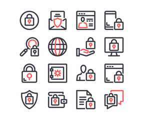 Leinwandbilder - Internet security line icons set. Cybersecurity, data protection, privacy concepts. Modern outline symbols. Simple thin stroke design linear graphic elements. Red and black colors. Vector line icons