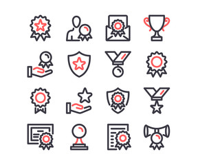 Wall Mural - Awards line icons set. Winner, reward, trophy cup, premium quality, medal concepts. Modern outline symbols. Simple thin stroke design linear graphic elements. Red and black colors. Vector line icons