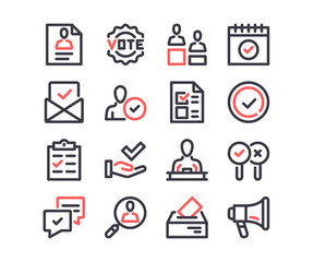 Poster - Voting line icons set. Elections, politics, political campaign, vote concepts. Modern outline symbols. Simple thin stroke design linear graphic elements. Red and black colors. Vector line icons