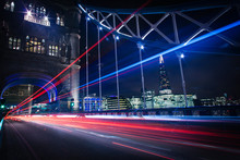 Light Trails On Tower Bridge At Night
