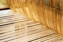 Oriental Traditional Cloth Making Wooden Equipment Tools And Technique Creating Pattern Elegant Cloth, Using Cotton And Silk String Stretch And Woven By Using Mechanic Wooden Machine To Weave