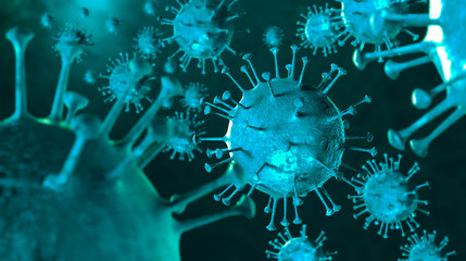 3D illustration Coronavirus COVID-19 virus under microscope in blood sample background. Outbreak of Coronavirus Covid-19 caused pandemic health risk. Corona virus cell is generated by 3D rendering.