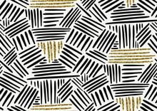 Vector Seamless Pattern With Hand Drawn Gold Glitter Textured Brush Strokes And Stripes Hand Painted. Black, White, Golden Colors