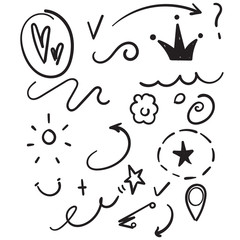Wall Mural - Decoration for your texts and photos with hand drawn elements.Swoops, emphasis doodles. Highlight text elements, calligraphy swirl, tail, flower, heart, graffiti, and crown. doodle cartoon.