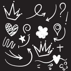 Wall Mural - Decoration for your texts and photos with hand drawn elements.Swoops, emphasis doodles. Highlight text elements, calligraphy swirl, tail, flower, heart, graffiti, and crown. doodle cartoon.