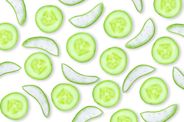  Closeup fresh organic aloe vera and cucumber slice pattern texture for background. Herbal medical plant concept. Top view. Flat lay.