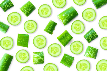  Closeup fresh organic aloe vera and cucumber slice pattern texture for background. Herbal medical plant concept. Top view. Flat lay.