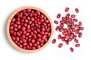 Poster - Red small Azuki beans ( Adzuki or japanese red bean ) in wooden bowl isolated on white background. Top view. Flat lay.