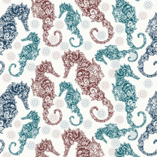 Sea Horse. Seamless Pattern. Packing Old Paper, Scrapbooking Style. Vintage Background. Medieval Manuscript, Engraving Art. Symbol Of Travel, Freedom, Sea Adventure