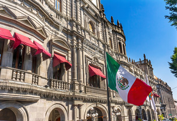 Wall Mural - Mexican Flag Major Shopping Street Zocalo Puebla Mexico