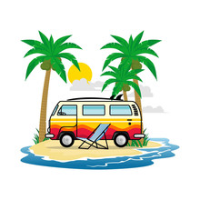Flat Illustration Summer Holiday On Beach With Palm Trees Motorcycle, Picnic Car And Blue Water