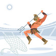 © Bahauaddinbek - Warrior retiarius Gladiator in the arena with a grid and a Trident jumps on the caught enemy. Vector isolated illustration. Flat cartoon style