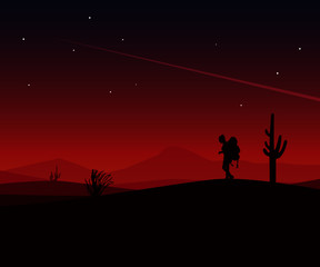 Wall Mural - landscape vector art silhouette of a Traveler man in the desert