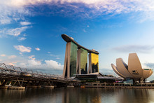 Golden Hour Over Marina Bay Sand, The Helix Bridge And The Art Science Museum, Singapore.