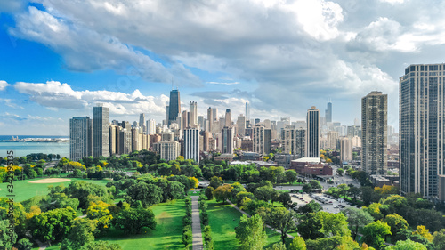 Chicago skyline aerial dron...