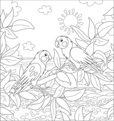 Wall Mural - Amusing exotic parrots perched on a tree branch in a tropical jungle on a sea background on a sunny summer day, black and white vector cartoon illustration for a coloring book page