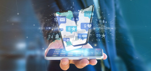 Poster - Businessman holding Social network notifications - 3d rendering